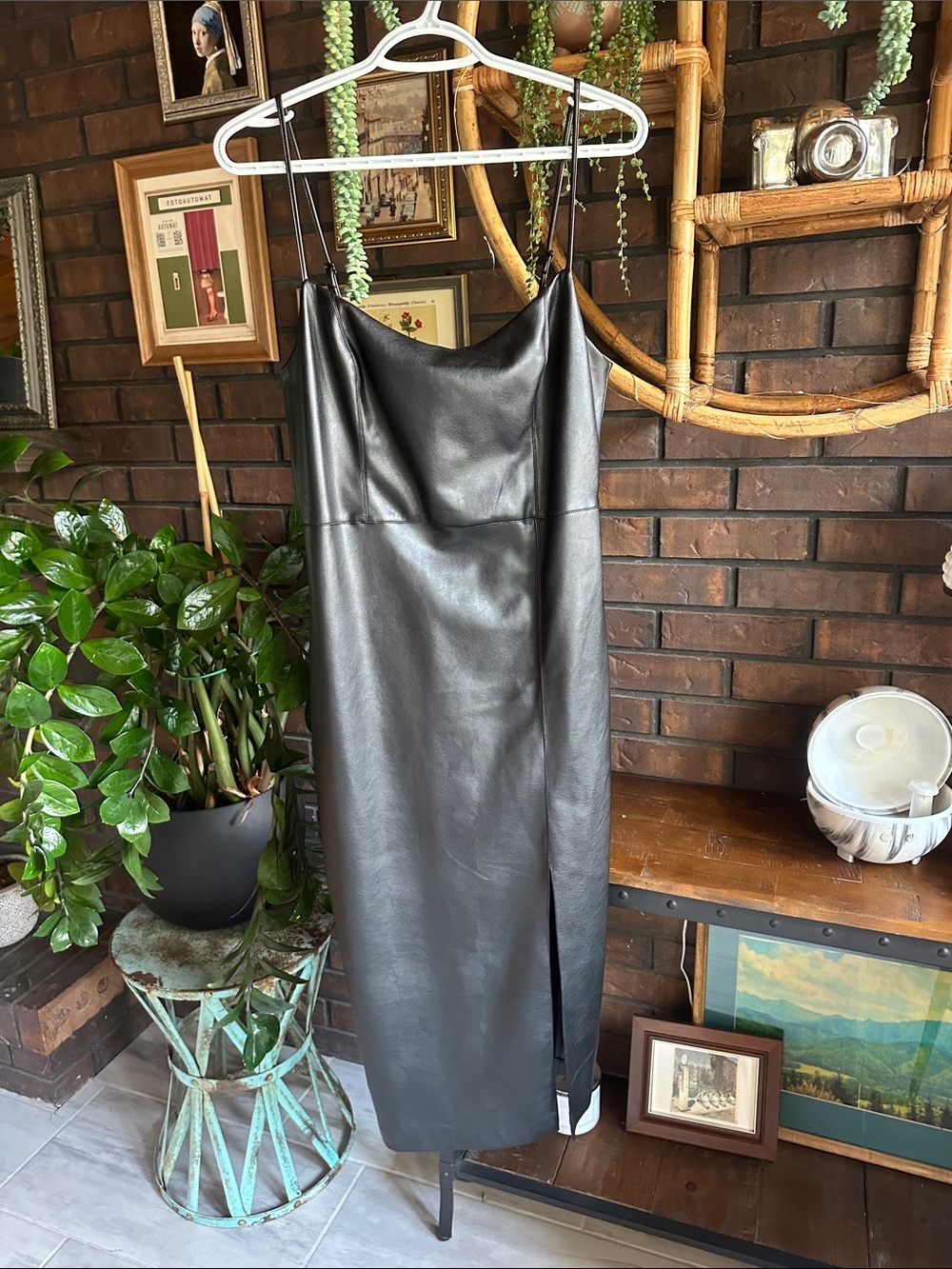 NWT Sleek Black Faux Leather Slip Dress